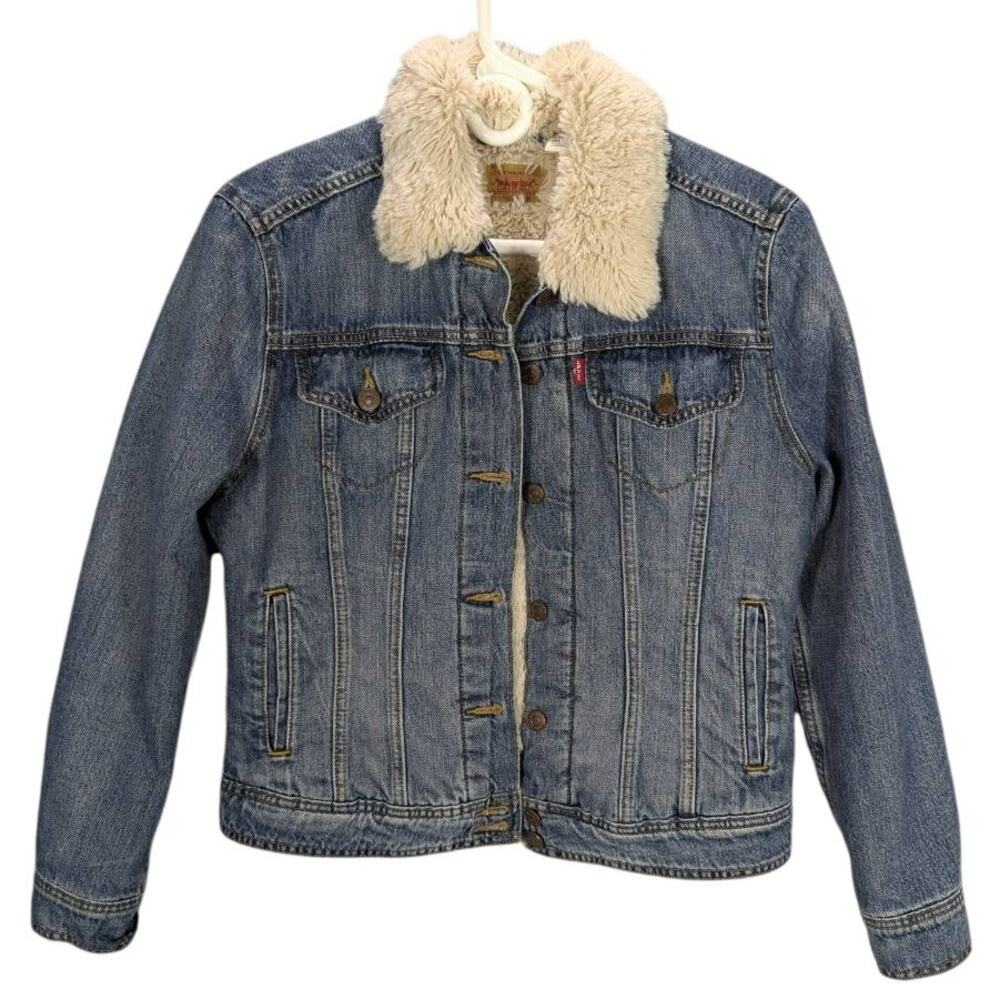 Levis Denim Trucker Jean Jacket Womens Medium Blue Sherpa Lined Western Gorpcore
